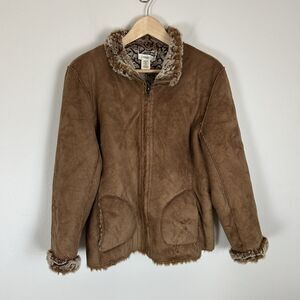 Cold water Creek M Brown Suede Fur Lined Sherpa Penny Lane Jacket Coat Y2K